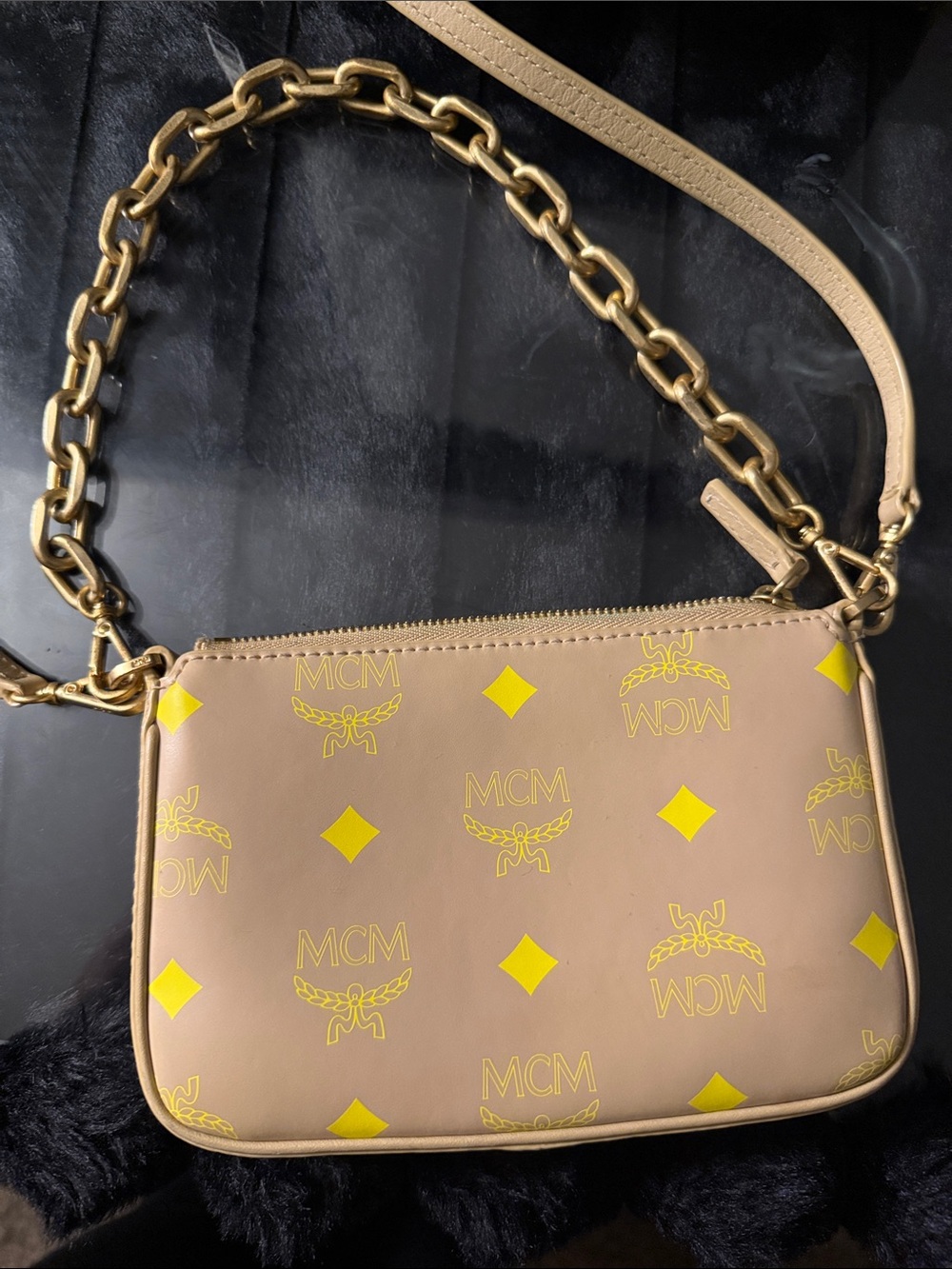 MCM Beige Shoulder Bag with Yellow Logo Motif